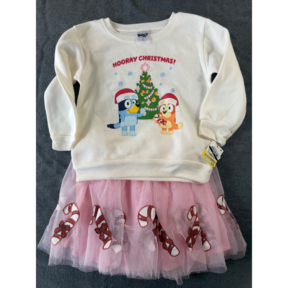 Bluey Sweatshirt and Skirt Set Girls 5T Cream Pink Christmas Candy Cane Tutu